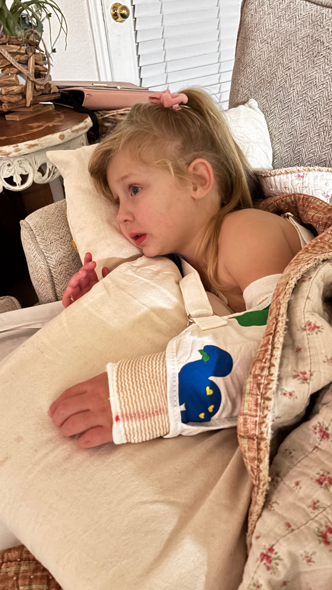Willow at home the day after the injury, resting against a pillow with her arm in a sling