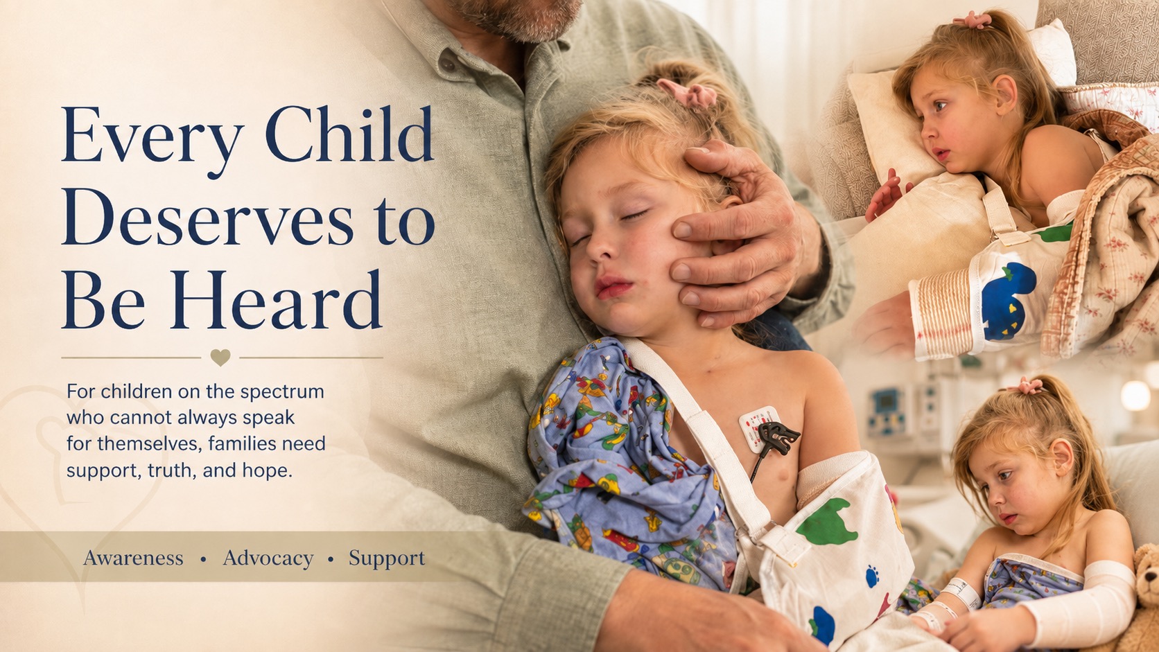Every child deserves to be heard — Willow resting in her father's arms in the hospital, with two additional photos of her recovering